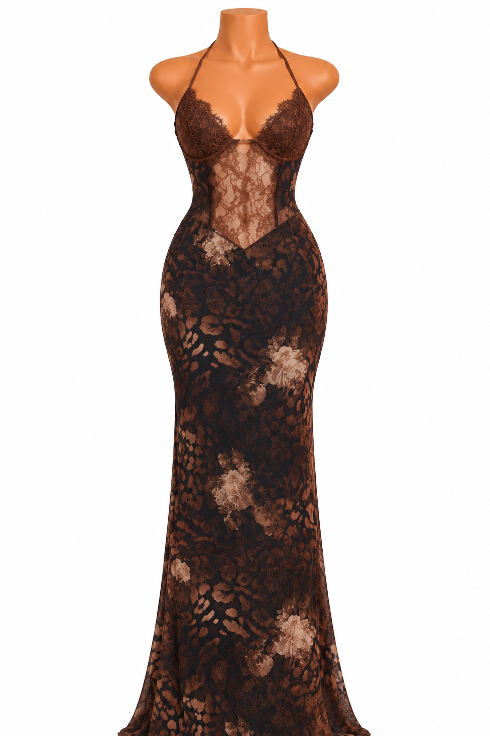 Isabella Brown Leopard Lace Maxi Dress