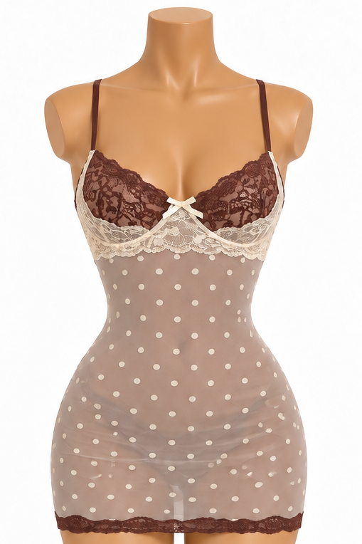 Sofia Taupe Polka Dot Lace Mini Dress