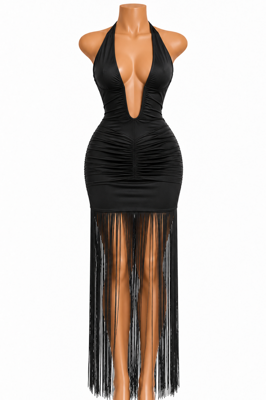 Bianca Black Halter Fringe Dress
