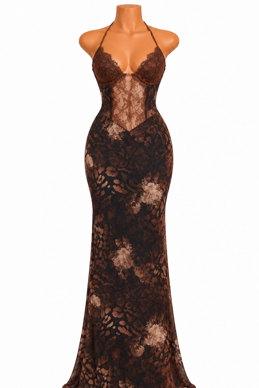 Isabella Brown Leopard Lace Maxi Dress